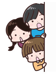 壁から顔を出してビックリしている子供たち