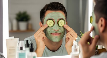 Man with green facial mask and cucumber slices on eyes in front of the bathroom mirror at home spa day