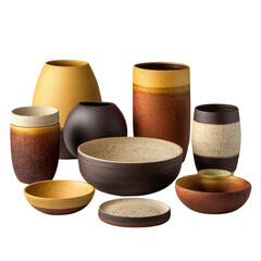 Earthy ceramic vessels bowls, vases, cups, varied heights, textures