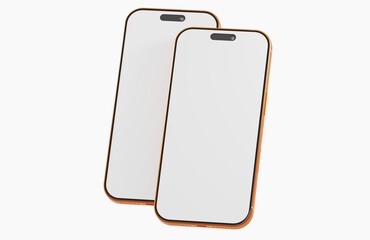 Two gold smartphones with blank screens, perfect for showcasing your app or website design. Mockup on clean whi