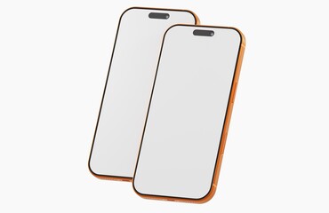 Two gold smartphones with blank screens isolated on white backdrop. Ideal for app designs, mockups, tech concep