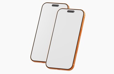 Showcasing two orange smartphones with blank screens, ideal for app UI designs or technology...
