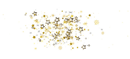 Festive golden stars and snowflakes confetti overlay on white background perfect for holiday cards, Christmas, New Year celebrations, and elegan