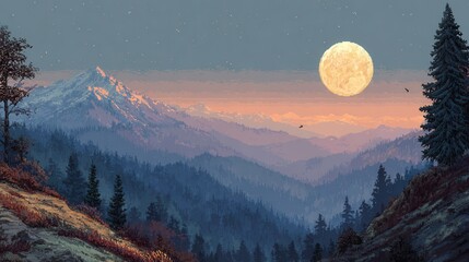 Pixel art night Mountain landscape shows full Moon with Mountains, trees, and Birds flying in the sky