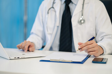 Fototapeta premium Medicine doctor hand working with modern digital tablet computer interface as medical network concept.