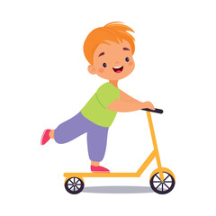 Little Boy Ride Kick Scooter in Park Vector Illustration