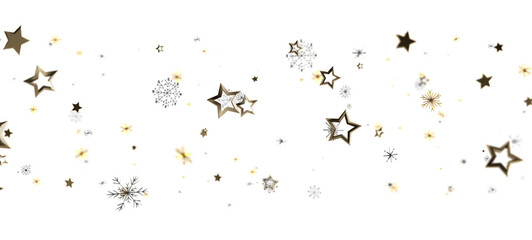 A glittering abstract image of golden stars and snowflakes on a white background, perfect for holiday and festive designs. Ideal for Christmas a