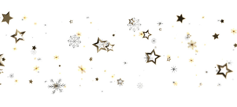A glittering abstract image of golden stars and snowflakes on a white background, perfect for holiday and festive designs. Ideal for Christmas a - Powered by Adobe