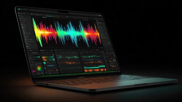 Angled laptop displaying colorful waveform audio editing software against a dark background