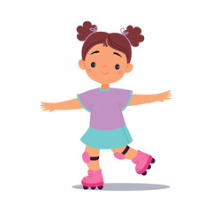 Little Girl Ride Roller Skate in Park Vector Illustration