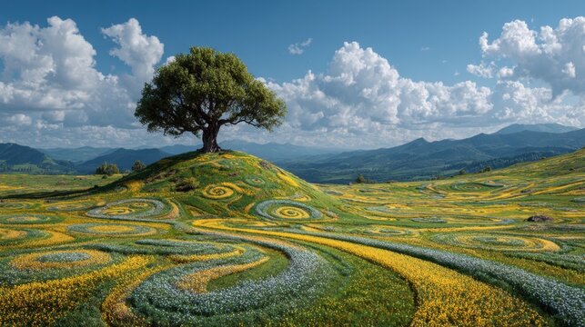Lush green hillside with lone tree and wildflowers under bright blue sky with fluffy clouds and distant mountains - Powered by Adobe