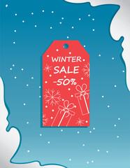 Winter background. Red price tag with white lettering reading WINTER SALE, 50 off.