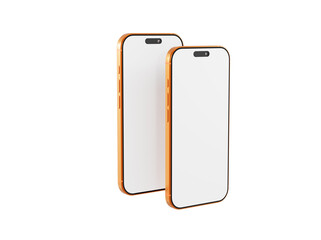 Two modern golden smartphones isolated on a white background with a blank display ready for your app, text, or