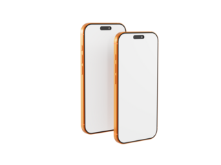 Two modern golden smartphones isolated on a white background with a blank display ready for your app, text, or