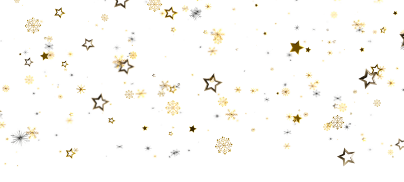 Festive background with shimmering gold stars and snowflakes falling over a bright white surface. Perfect for holiday designs, winter themes, or