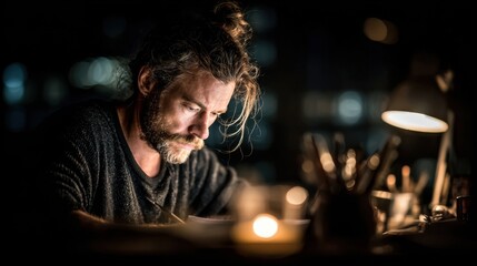 Focused developer working late at night in home office under a warm desk lamp, city lights glowing outside the window visible in the background