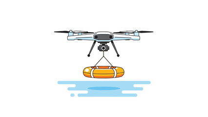 A drone carrying a life preserver over blue water