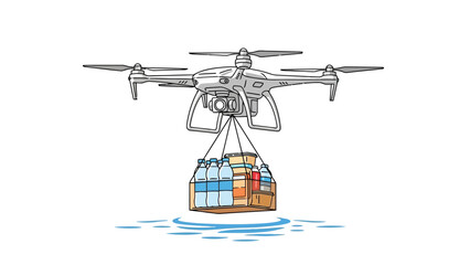 A drone delivers a package containing bottles and boxes
