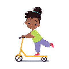Little African American Girl Ride Kick Scooter in Park Vector Illustration