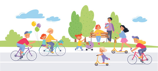 Obraz premium People Ride Bicycle and Scooter in Park Vector Illustration