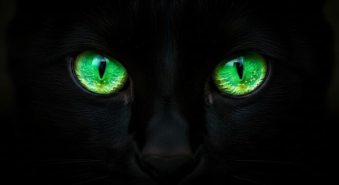 Piercing green eyes of a mysterious black cat emerging from the deep shadows, creating an intense and captivating stare in the dark
