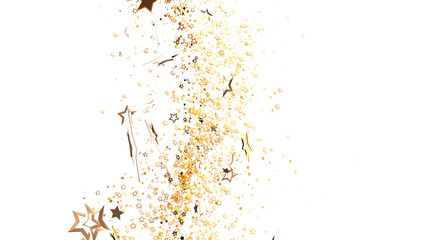 Golden stars confetti flowing on white background. Great for festive layouts, holiday designs, and celebratory themes.  Perfect for invitations
