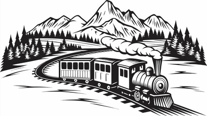 Vintage steam train chugs through majestic snowy mountains and pine forest landscape