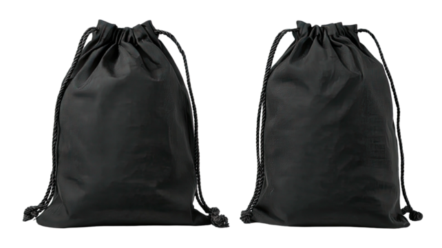 Two black drawstring sacks, close up, on a black background