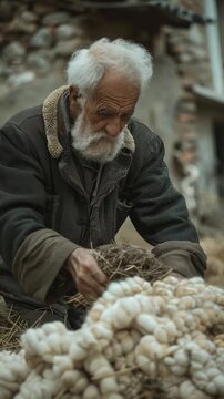A senior gentleman surrounded by garlic, possibly representing a rustic or traditional setting