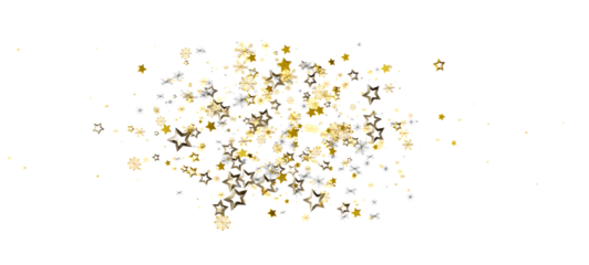 Abstract golden and silver star confetti overlaying a white background. Perfect for festive designs, celebrations, and holiday themes, evoking j