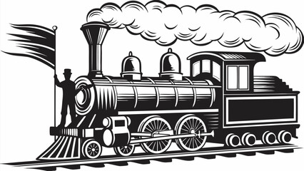 Vintage steam train conductor waves flag signaling departure, powering forward with billowing smoke