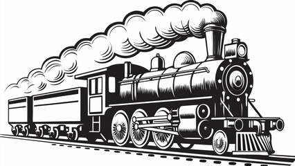 Powerful vintage steam train chugs along tracks, emitting billowing smoke, evoking adventure and history