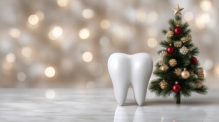 photo of a bright white tooth next to a tiny decorative Christmas tree