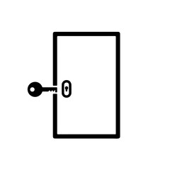 Black and white silhouette icon of a closed door with a simple keyhole and a key locking it. Represents mystery, denied access, isolation, and the 'locking away' of victims from their families 
