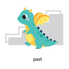Prepositions with Cute Dragon Character Walk Past Stairs Vector Illustration