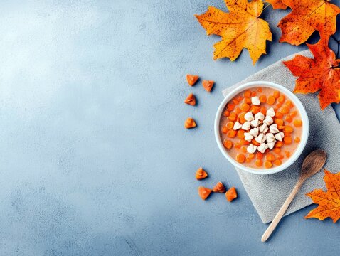 A bowl of creamy carrot soup is garnished with white chocolate chips and surrounded by autumn leaves and a wooden spoon.