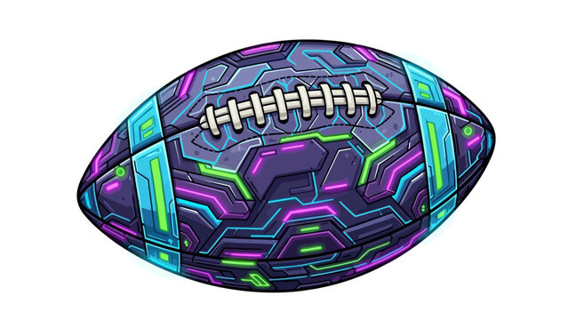 A futuristic American football with neon purple blue and green lights