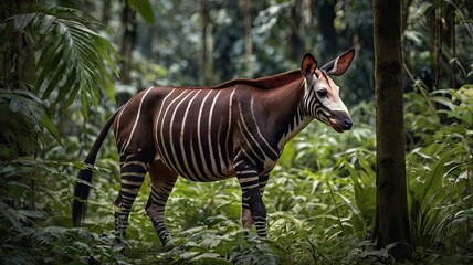 Majestic Okapi with striking zebra-like stripes roams through a lush, dense jungle environment, showcasing its unique beauty and wild spirit.