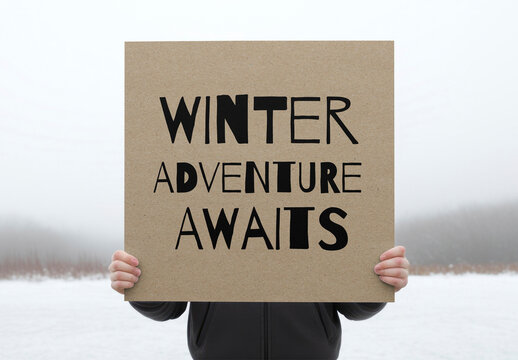Winter Exploration Beckons Outdoors Sign Mockup PSD