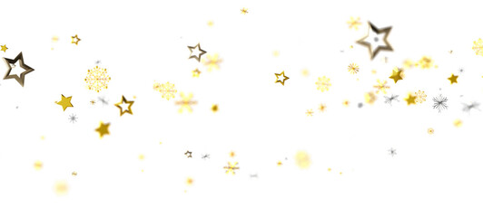 Festive gold stars and snowflakes scattered on white creating a celebratory background. Perfect for holiday themes, Christmas, New Year and cele