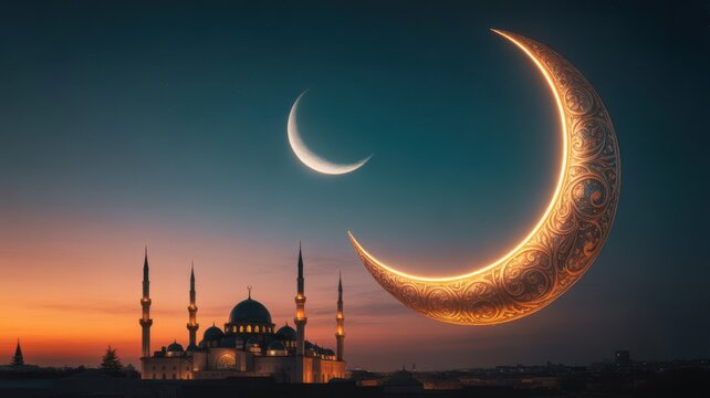 Golden crescent moons above silhouetted mosque at dusk