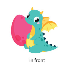 Prepositions with Cute Dragon Character Sit In Front of Egg Vector Illustration