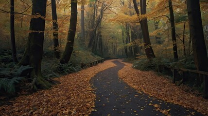 Naklejka premium Winding forest path carpeted with vibrant autumn leaves creates a serene and inviting journey through a tranquil woodland scene during golden hour.