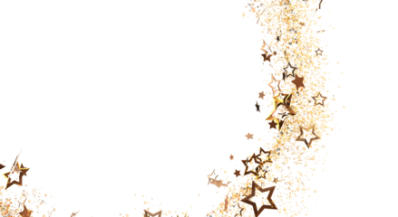 Elegant and festive design featuring a cascade of golden stars and glittering particles against a clean white backdrop, ideal for special events