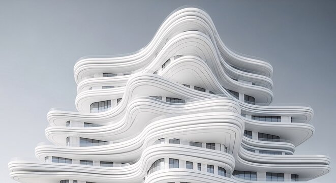 Futuristic white architectural masterpiece with sinuous, organic lines and a minimalist facade, creating an innovative and sculptural building design that redefines modern urban landscapes