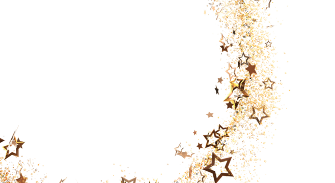 Elegant and festive design featuring a cascade of golden stars and glittering particles against a clean white backdrop, ideal for special events