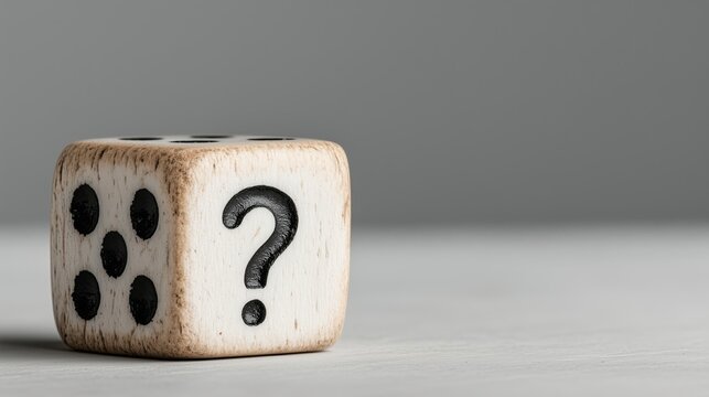 A six-sided die features a question mark instead of a number