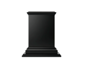 Sleek black rectangular pedestal, tiered base, on a solid black background