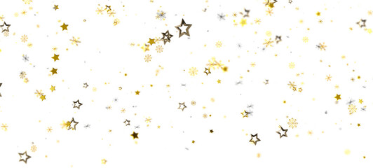 Beautiful background of golden stars and snowflakes floating against a bright white backdrop. Perfect for celebrations and holiday designs. Add
