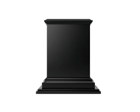 Sleek black rectangular pedestal, tiered base, on a solid black background